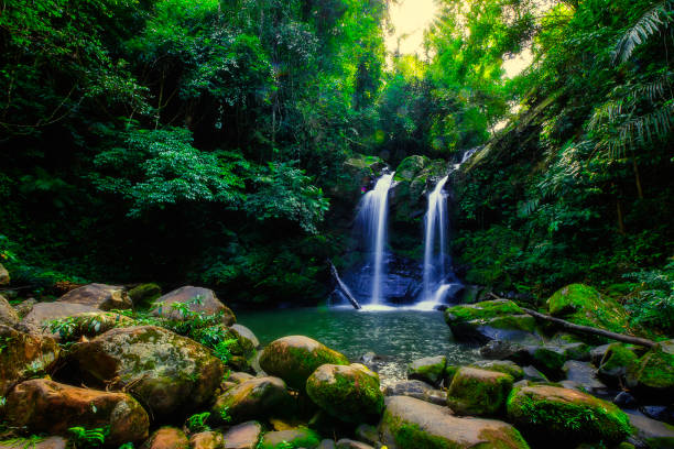 istock Two small beautiful waterfalls flow down from a height. 1300071518