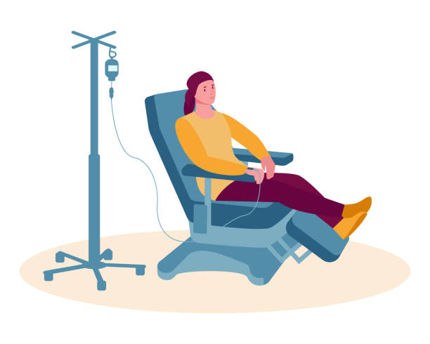 Oncology patient having a chemotherapy. Woman with cancer gets a drip. Vector concept of cancer treatment and medicine. Illustration in flat cartoon style. Isolated over white background. Oncology patient having a chemotherapy. Woman with cancer gets a drip. Vector concept of cancer treatment and medicine. Illustration in flat cartoon style. Isolated over white. chemotherapy drug stock illustrations