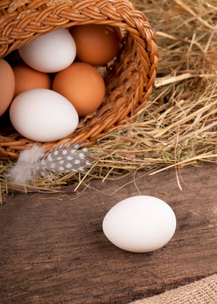 istock Chicken eggs in basket on wooden background 1300073167
