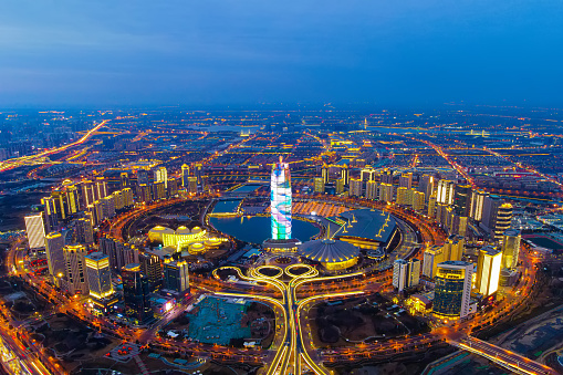 Aerial view cityscape of Zhengzhou CBD night in China