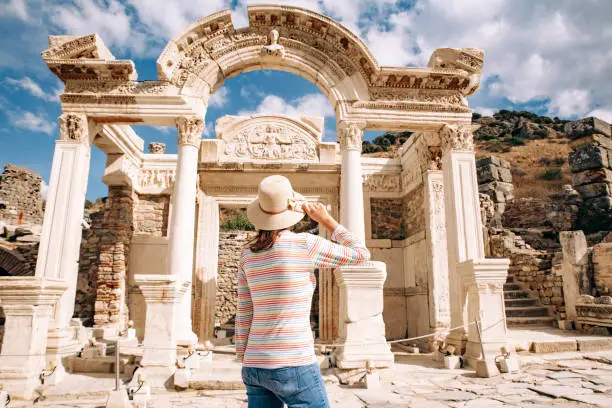 Young Woman Visiting Temple of Hadrian in Ephesus Ancient City