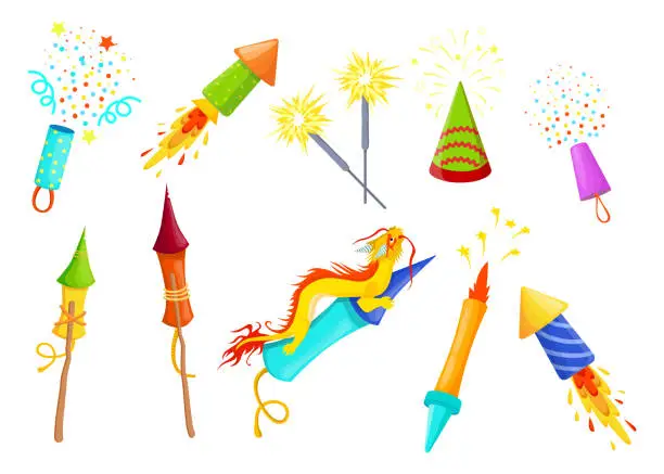 Vector illustration of Various colorful firecrackers flat item set for web design