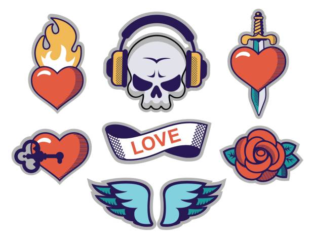 ilustraciones, imágenes clip art, dibujos animados e iconos de stock de conjunto de varios tatuajes estilo antiguo roca y pegatinas de amor - tattoo heart shape love ribbon