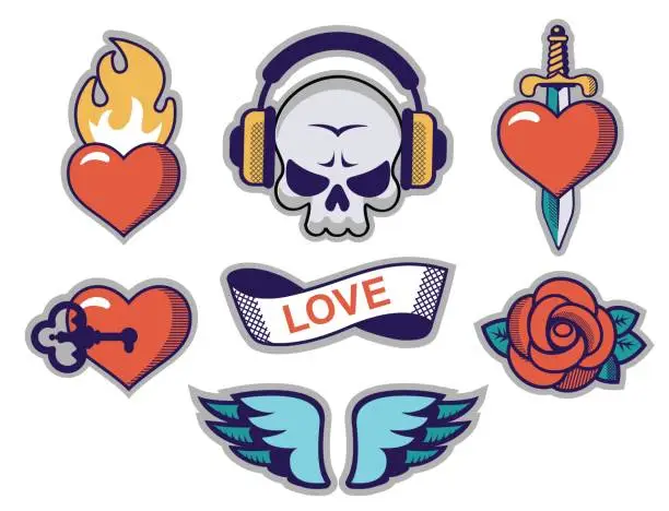 Vector illustration of set of various tattoo old style rock and love stickers