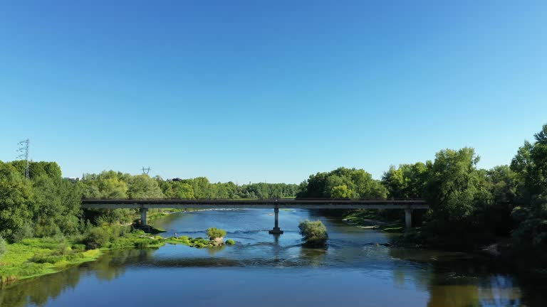 The bridge over the Loire to Imphy, in the Nièvre, Burgundy, France, in summer and by drone on a beautiful day under the Sun.