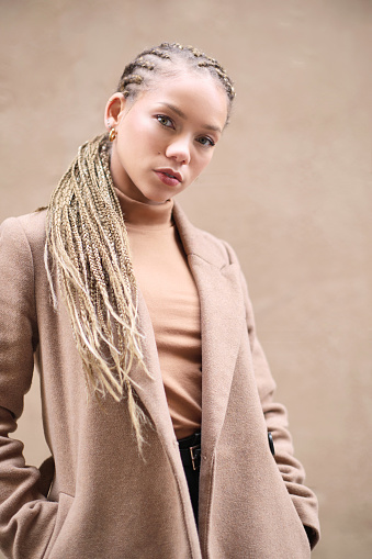 Youth culture
Made in Barcelona.
Portrait of a young woman on a beige coat.