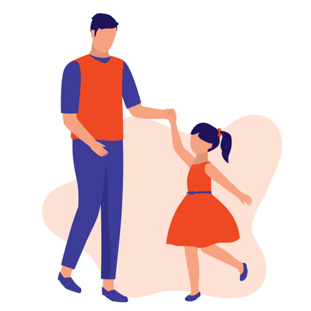 Father And Daughter Enjoying Dancing Together. Parenting And Bonding Concept. Vector Illustration Flat Cartoon. Dad Holding His Daughter's Hand And Turns Around. father daughter stock illustrations