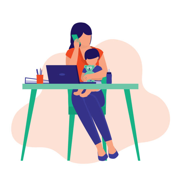 Busy Housewife And Businesswoman Working From Home. Business And Parenting Concept. Vector Illustration Flat Cartoon. Mom Stopped Feeding Her Baby While Answering Calls. person on phone illustration stock illustrations