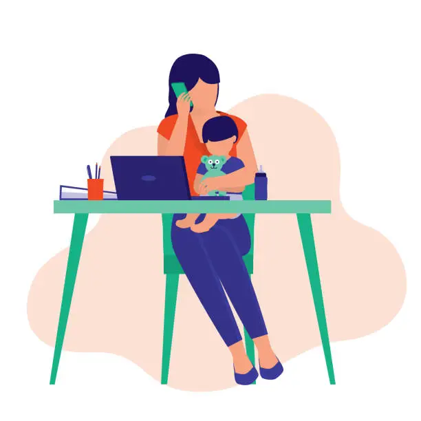 Vector illustration of Busy Housewife And Businesswoman Working From Home. Business And Parenting Concept. Vector Illustration Flat Cartoon.