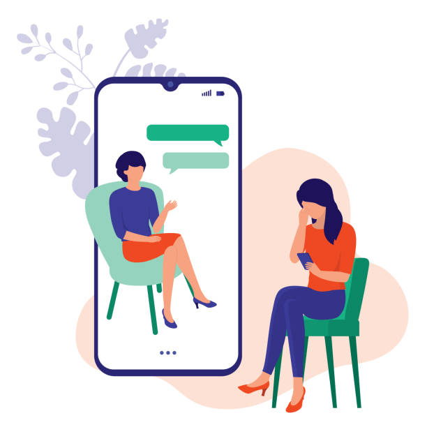 Woman Talking With A Counselor Or Therapist Using Her Mobile Phone. Online Psychotherapy, Counselling And Mental Health Support Services Concept. Vector Illustration Flat Cartoon. Young Women Feeling Depressed. counseling stock illustrations