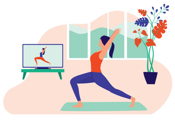 junge frau, die yoga zu hause beim anschauen eines fitness-workout-videos im fernsehen. online-übungsklassenkonzept. vektor-illustration flache cartoon. - white background yoga exercising women stock-grafiken, -clipart, -cartoons und -symbole