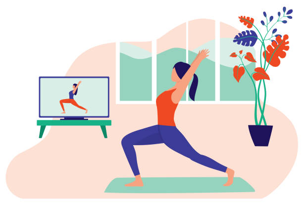 tv에서 피트니스 운동 비디오를 보면서 집에서 요가를하는 젊은 여성. 온라인 운동 클래스 개념. 벡터 일러스트 플랫 만화. - white background yoga exercising women stock illustrations