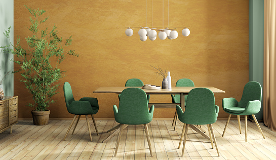 Interior design of modern dining room, wooden table and green chairs against orange stucco wall 3d rendering