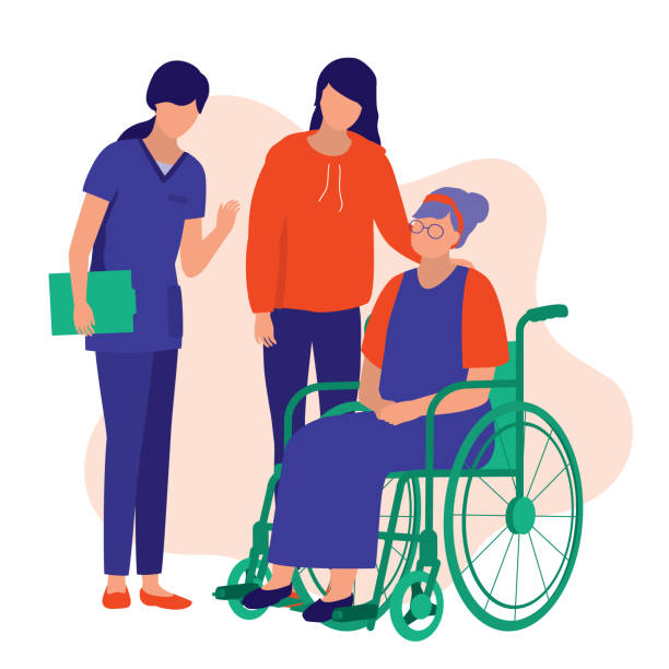 Disabled Elderly Woman And Her Grandchildren Visiting Nursing Home. Nursing Home Concept. Vector Illustration Flat Cartoon. Healthcare Worker Give A Warm Welcome To The Visitor. nurse clipart stock illustrations