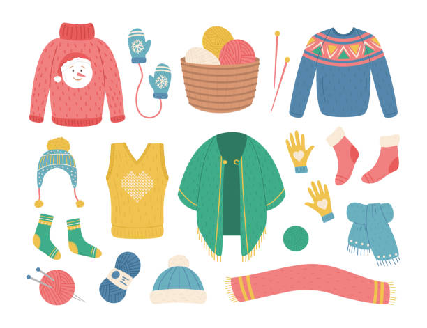 ilustraciones, imágenes clip art, dibujos animados e iconos de stock de dibujos animados color invierno punto ropa iconos conjunto. vector - sock wool multi colored isolated