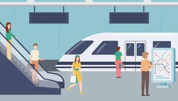мультфильм цвет символы люди и метро поезд прибытие концепции. вектор - sign station contemporary escalator stock illustrations