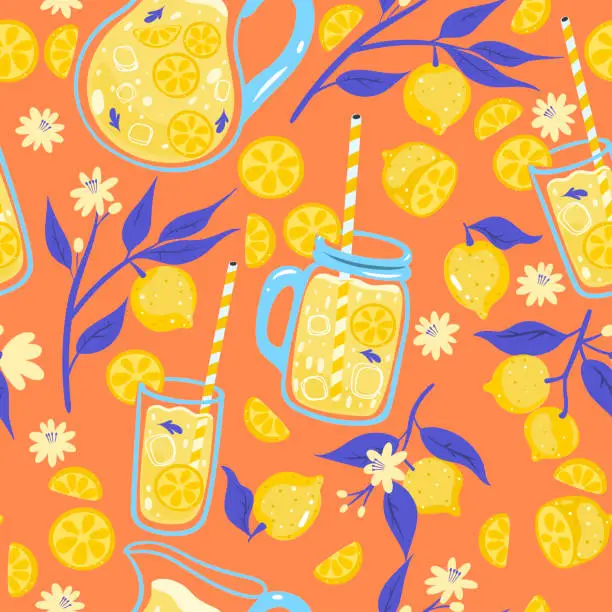 Vector illustration of Lemonade and lemons seamless pattern. Vector graphics.