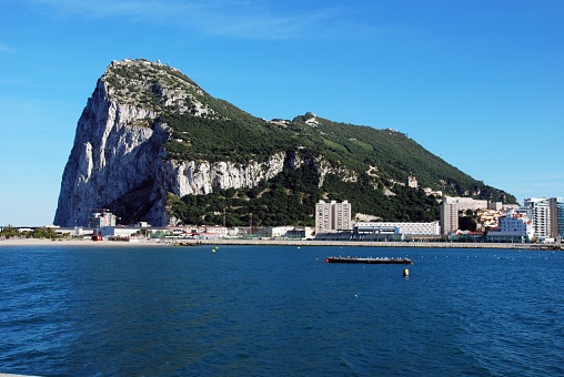 The rock and town seen across the bay from Spain, Gibraltar, United Kingdom, Western Europe.