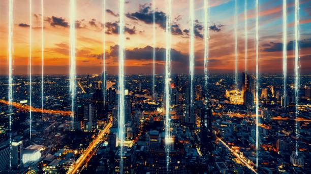 istock Smart digital city with globalization abstract graphic showing connection network 1300085158