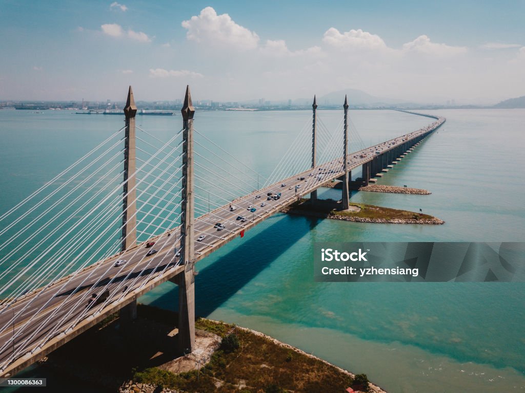Aerial view of roadway and bridges Aerial view of roadway and bridges in Penang, Malaysia Penang State Stock Photo