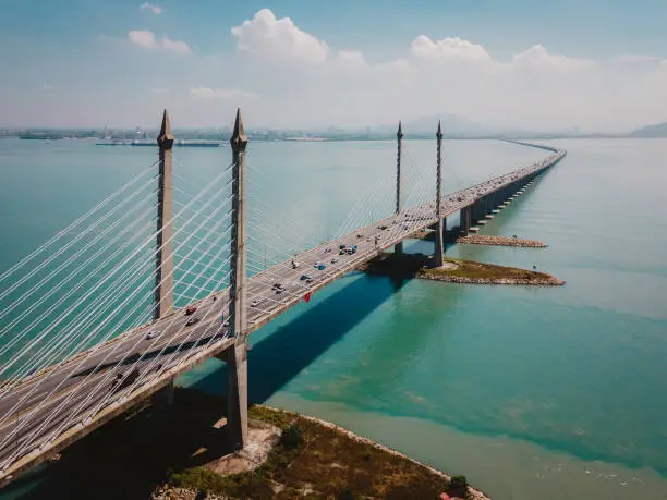Aerial view of roadway and bridges in Penang, Malaysia