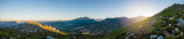 Stellenbosch Cape Winelands at sunrise from above panorama Stellenbosch Cape Winelands at sunrise from above panorama Stellenbosch Mountain We3stern Cape South Africa stellenbosch stock pictures, royalty-free photos & images