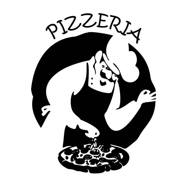 Baker in uniform with pizza. Logo for a pizzeria. Black and white graphics. Hand-drawn sketch vector. Baker makes pizza Baker in uniform with pizza. Logo for a pizzeria. Black and white graphics. Hand-drawn sketch vector. Baker makes pizza chef silhouettes stock illustrations