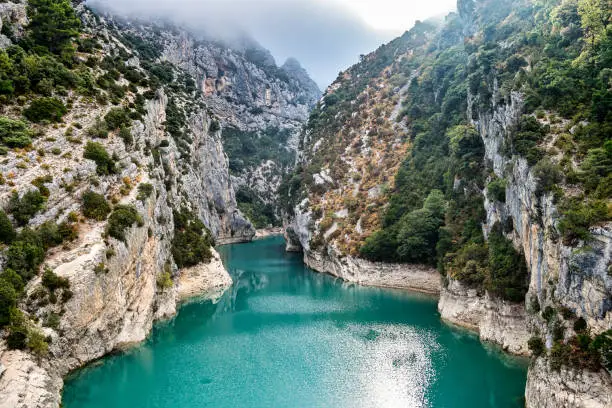 Verdon Gorge, Gorges du Verdon, amazing landscape of the famous canyon with winding turquoise-green colour river and high limestone rocks in French Alps, Provence, France