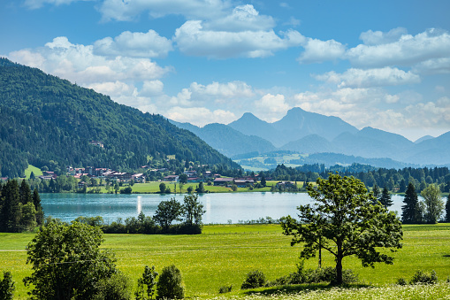 Lake Walchsee near Koessen at the Wilder and Zahmer Kaiser in Tirol, Austria.