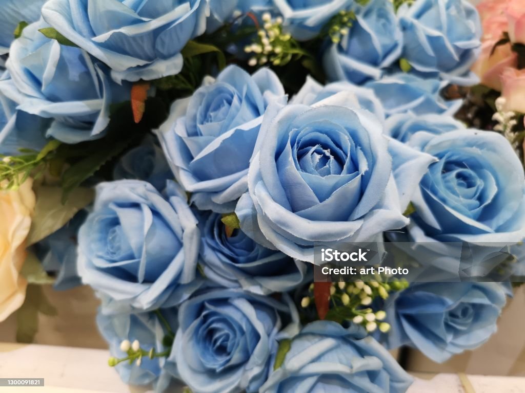 Soft blue color Rose handmade Artificial bouquet flowers decoration ornamental background vintage for greeting card celebration event design Retro, fabric and plastic, Valentine Day, love symbol Blue Stock Photo