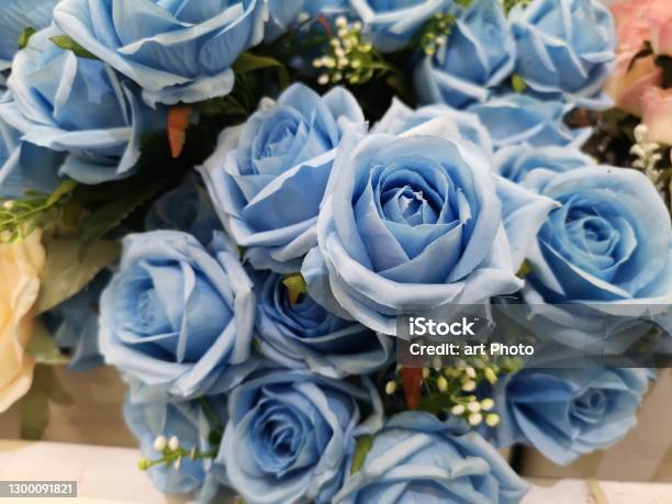 Soft Blue Color Rose Handmade Artificial Bouquet Flowers Decoration Ornamental Background Vintage For Greeting Card Celebration Event Design Retro Fabric And Plastic Valentine Day Love Symbol Stock Photo - Download Image Now