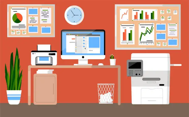 Vector illustration of Workplace concept. Office interior. Design for co working. Desktop with computer, clock, graph, scanner, folders, Xerox, paper basket, organized, cork board and pencils. Self-education. Cabinet. Study