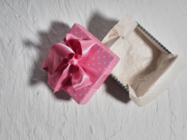 istock empty gift box, as a layout for your product. Box with pink bow on white background 1300092271