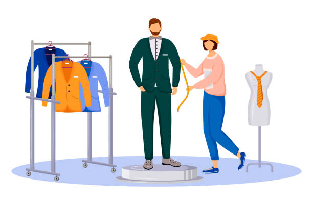 ilustrações de stock, clip art, desenhos animados e ícones de fashion designer gets measurements flat color vector illustration. clothing atelier assistant. individual tailoring. creating man suit isolated cartoon character on white background - sewing dressmakers model tape measure mannequin