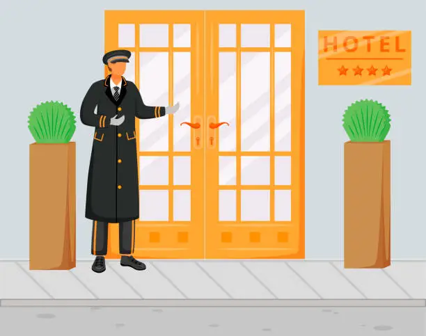 Vector illustration of Doorman in uniform flat vector illustration. Doorkeeper in hat and coat standing near entrance. Concierge on street welcoming guests. Hospitality service. Hotel staff cartoon character