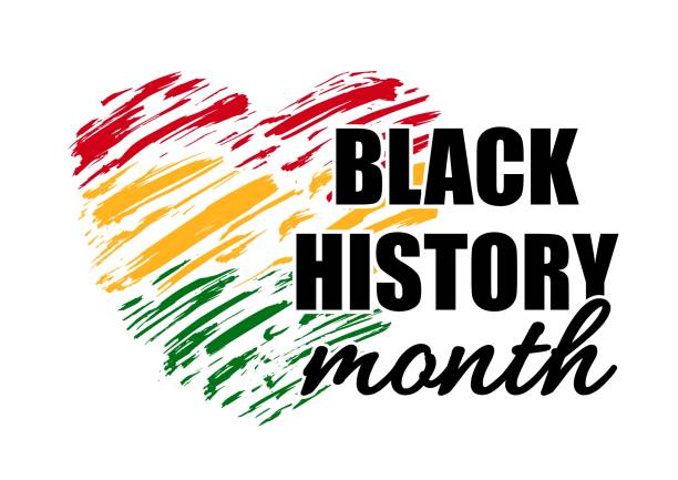 브러쉬 스트로크 하트와 함께 흑인 역사의 달을 축하하기위한 벡터 포스터. 녹색, 빨간색, 노란색 그런지 심장 모양 배경 텍스트 블랙 역사의 달. 미국과 아프리카 인의 문화. - black history month stock illustrations