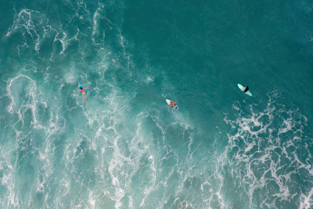 Chasing the waves Aerial photograph of the crashed ocean waves with surfers sunshine coast australia stock pictures, royalty-free photos & images