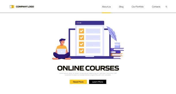 ilustrações de stock, clip art, desenhos animados e ícones de online courses concept vector illustration for landing page template, website banner, advertisement and marketing material, online advertising, business presentation etc. - notebook dictionary book contemporary