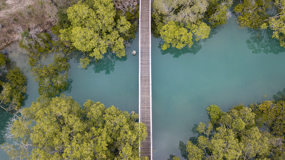 Top down view of a wooden bridge crossing a creek