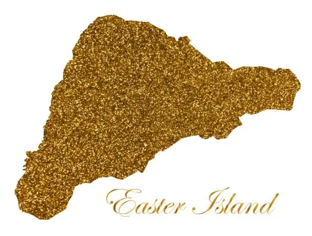 Vector illustration of Map of Easter Island. Silhouette with golden glitter texture
