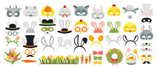 Cute Easter photo booth props as set of party graphic elements Cute Easter photo booth props as set of party graphic elements of easter bunny costume as mask, ears, eggs, carrot etc. Vector illustration. Vector illustration cartoon of bird with glasses stock illustrations
