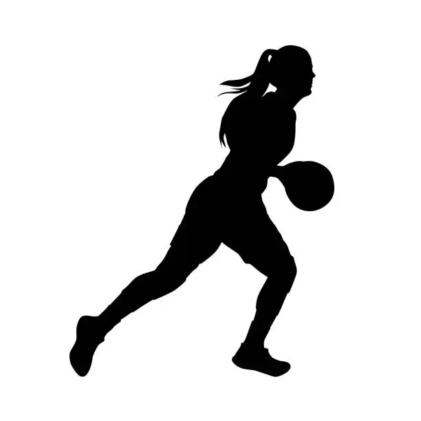 Vector illustration of Basketball player, running woman with ball, vector silhouette
