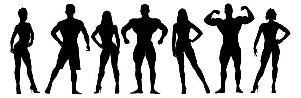Set of bodybuilders vector silhouettes. Posing muscular men and women Set of bodybuilders vector silhouettes. Posing muscular men and women gym silhouettes stock illustrations