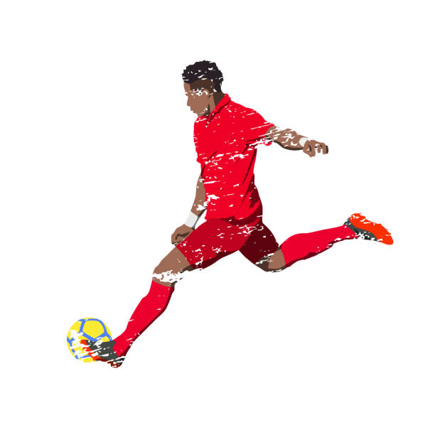 fußballer im roten trikot, gekratzt vektor-illustration von grungy running mann kicking ball - soccer vector silhouette professional sport stock-grafiken, -clipart, -cartoons und -symbole