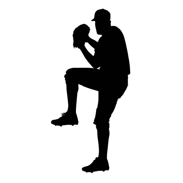 ilustrações de stock, clip art, desenhos animados e ícones de pitcher, baseball player vector silhouette, front view - baseball silhouette pitcher playing