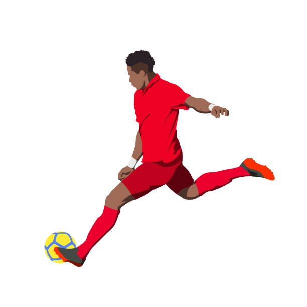 футболист пинает мяч, изолированный вектор иллюстрации. футболист в красной майке - soccer player stock illustrations