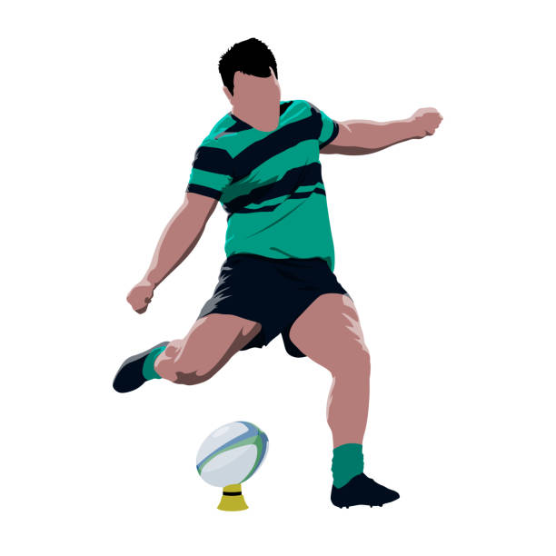 럭비 플레이어 킥 공, 추상 벡터 고립 된 일러스트레이션 - rugby ball sports league sport stock illustrations