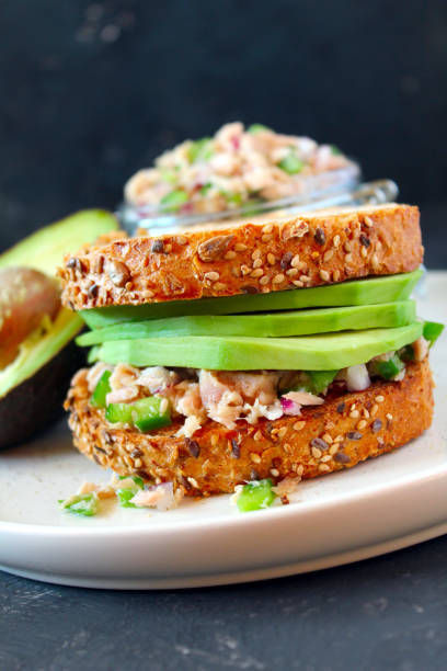 istock Sandwich with tuna, avocado and vegetables for snack or lunch. 1300104119