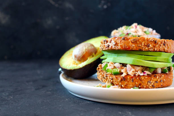 istock Sandwich with tuna, avocado and vegetables for snack or lunch. 1300104126