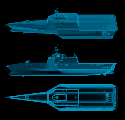 warship in x-ray top and side view. 3d rendering